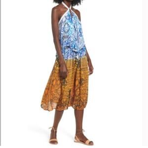 Raga Until Sunrise Ikat Deep Dye Halter Crochet Detail Dress Size Medium NWT